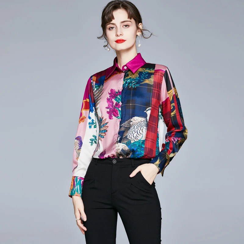 

Willstage 2021 Spring Shirts Purple Button Floral Plaid Pattern Women Blouse Long Sleeve Elegant Office Ladies Work Wear Clothes