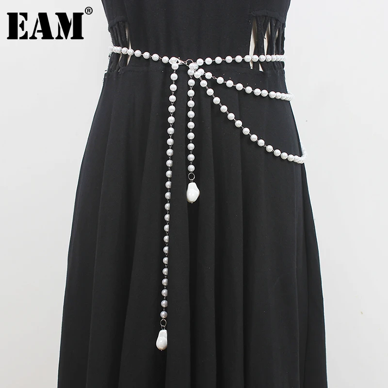 

[EAM] Pearl Chain Spliced Long Elegant Holiday Long Belt Personality Women New Fashion All-match Spring Autumn 2021 1DE0268