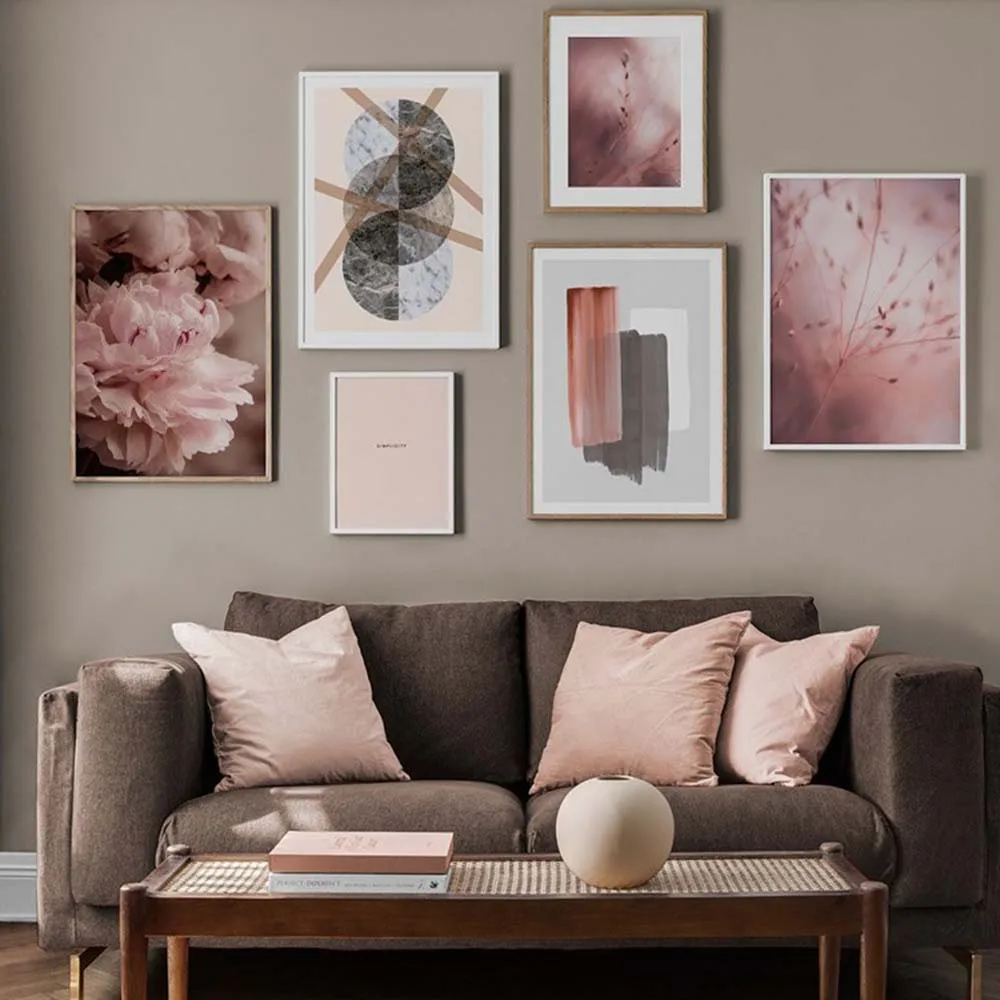 Настенная картина с розовыми пионами цветами несимметричные геометрические