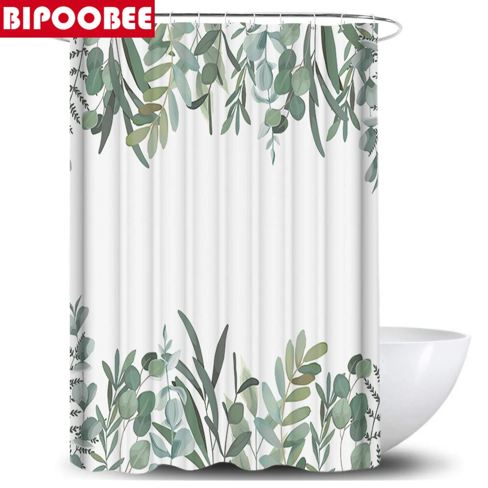 Набор занавесок для душа с принтом зеленых растений и листьев нескользящий
