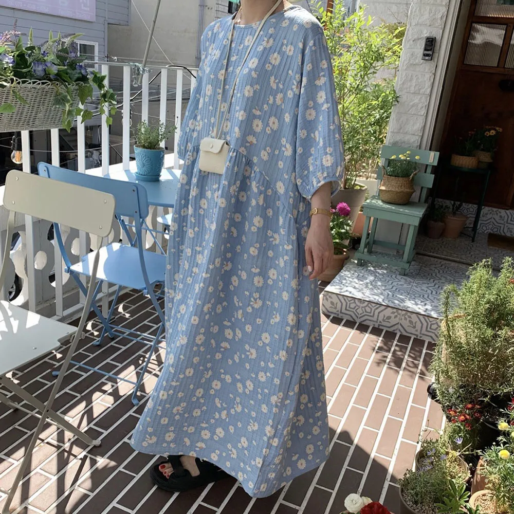 

DressRetro Fashion 2021 Summer New Japanese Style Loose Casual Printing Round Neck Puff Sleeve Women's Dress Floral Country
