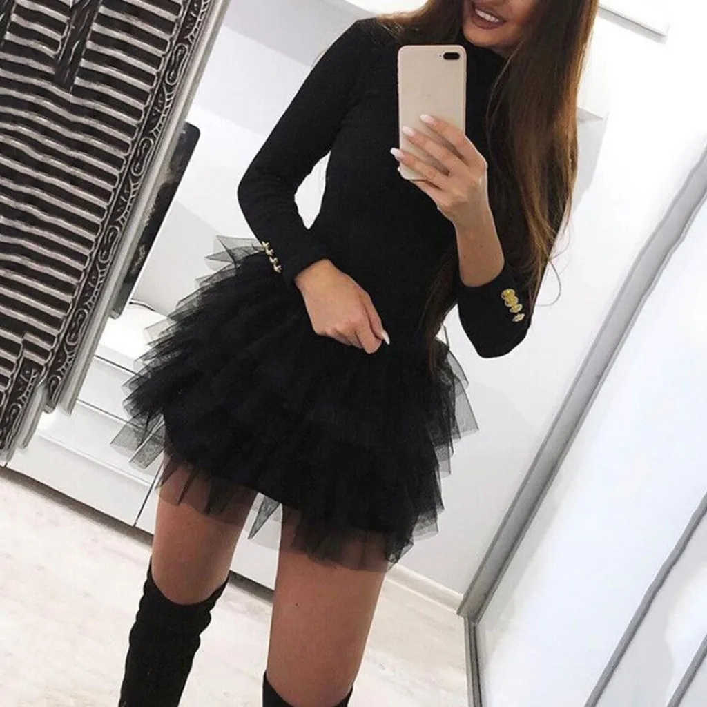 Женское однотонное черное Сетчатое мини-платье на пуговицах с вставками и