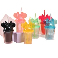 new double layer 350ml refrigerated plastic cup creative minnie bow lid water cup transparent coffee cup straw cup gift