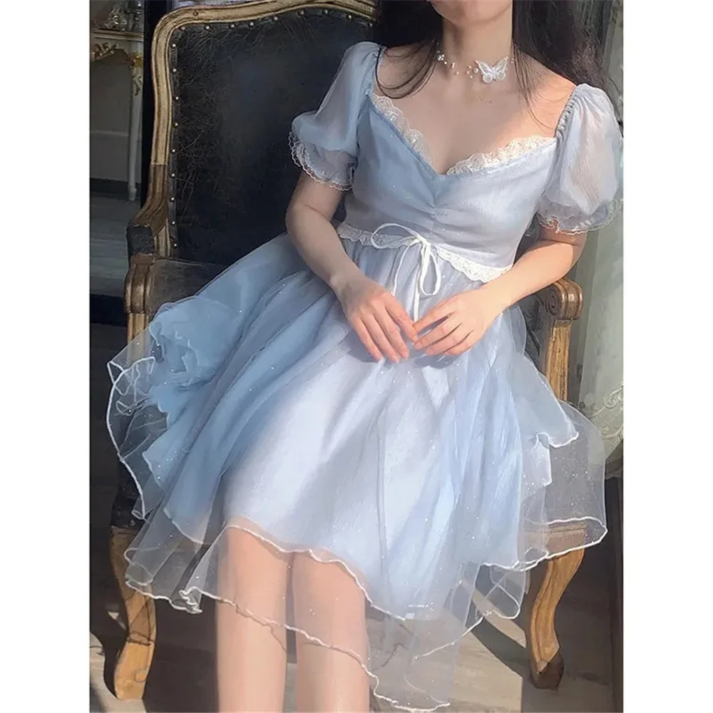 

Korean Style Blue Sweet Shiny Fairy Mesh Dress Elegant Party V-Neck Ruffles Women Clothing Puff Sleeve Robe Femme Summer Design