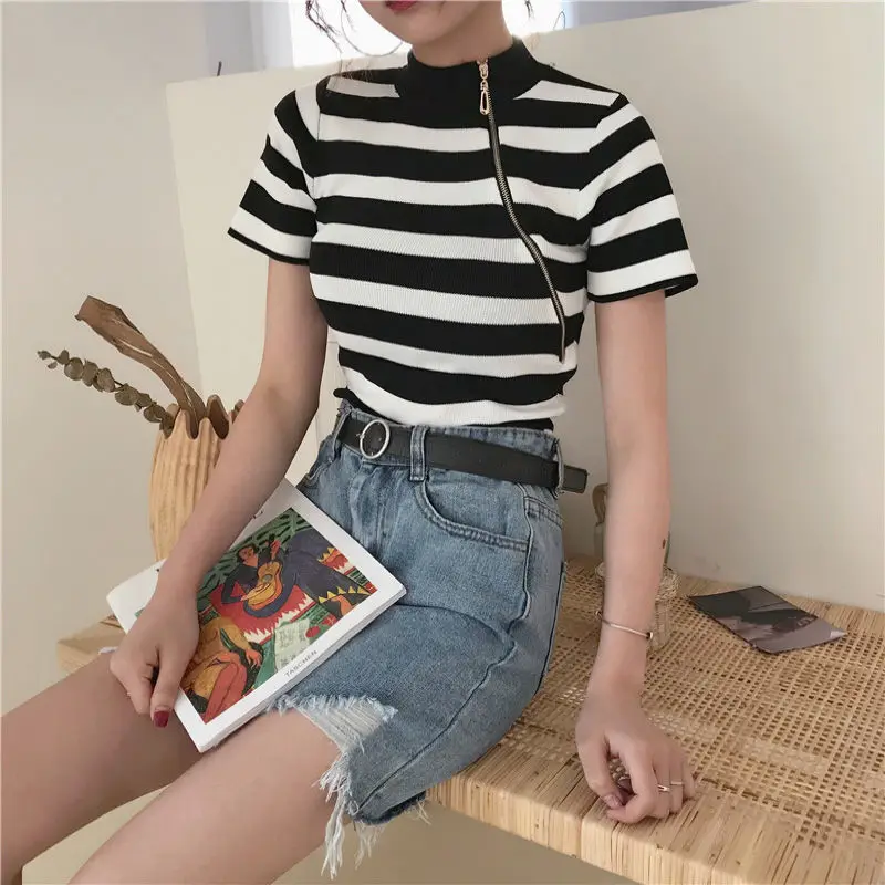 

Hong Kong style summer chic stand collar slant zipper slim fit short sleeve knitted bottomed top women's contrast stripe T-shirt