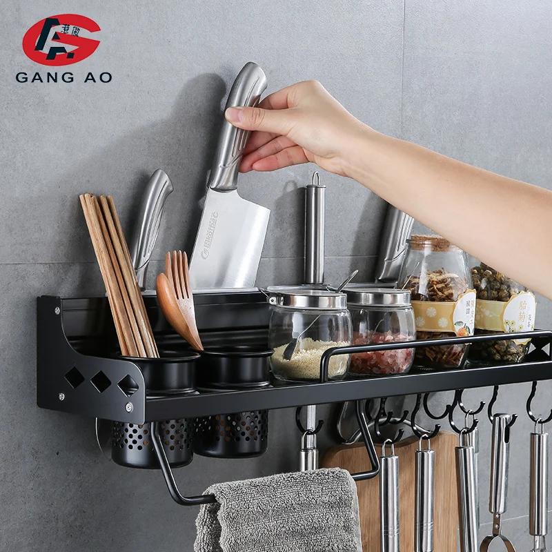 Kitchen Sapce Alumimum Black Shelves Cooking Utensil Hanging Shelf Spice Organizer With Hooks Tools Holder | Обустройство дома