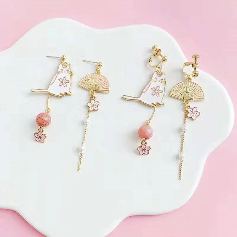 

Fashion Boho Women's Earring Tassel Cat Pink Fan Cute Style Asymmetric Flower Ukiyo-e Bohemia Ball Girl Jewelry Accessories EF49