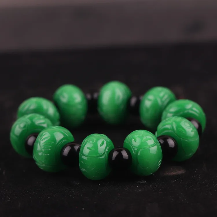 

Natural Green Jade carving Luck Beads Elastic Bracelet Adjustable Bangle Jewellery Fashion Accessories Hand-Carved Man Amulet