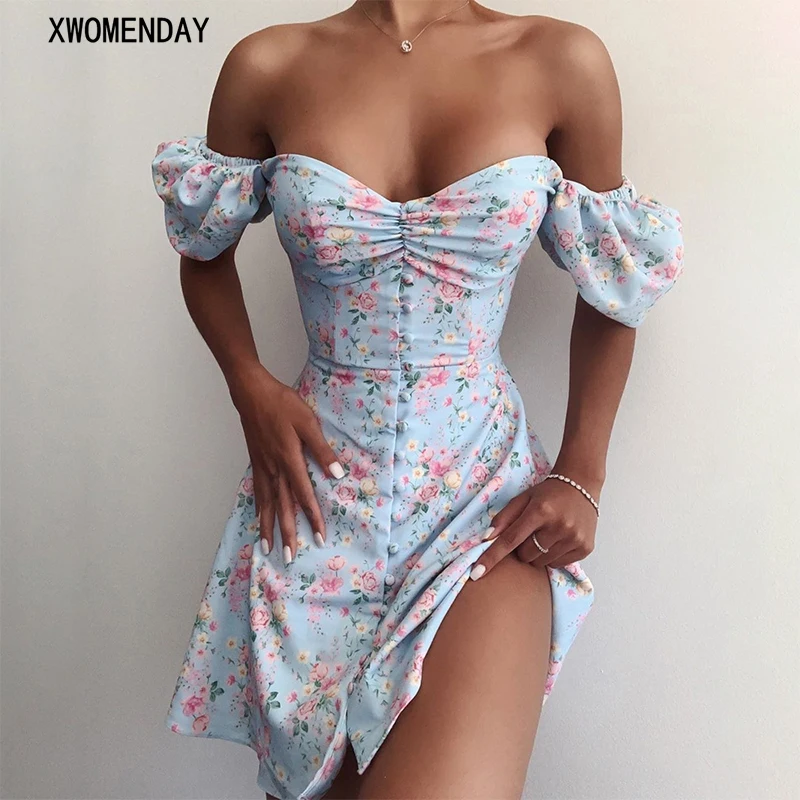 

Summer Women Floral Print Backless Mini Dress Sexy Off Shoulder Puff Sleeve Party Dresses Vintage Beach Sundress Fashion 2021