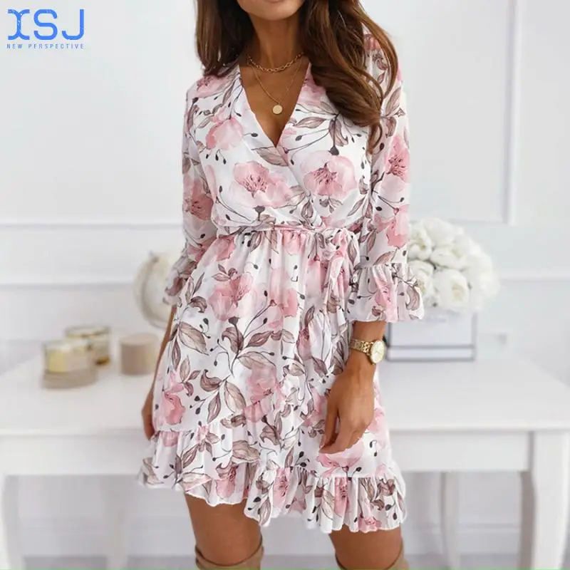 

Summer Chiffon Printed Women's Sexy V-Neck Ruffle 3 / 4 Sleeve Pullover Loose Miniskirt