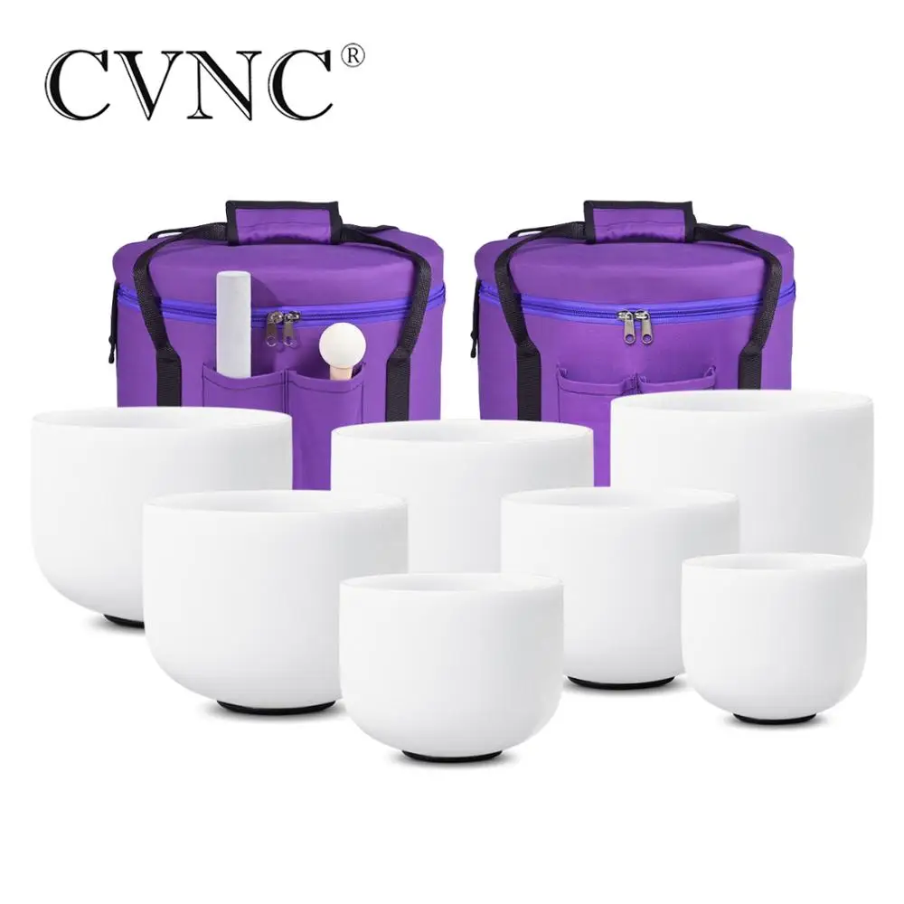 

CVNC Chakra tuned 7PCS 7"-14" Note CDEFGAB Frosted Quartz Crystal Singing Bowl Set with 12" and 14" Carry Bags