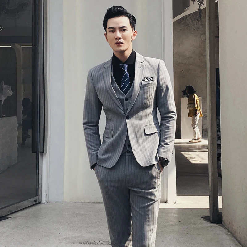 

Stripe Wedding men suits 2020 New Men's Suit Slim Fit korean Suit Sets (Jacket+Pants+Vest) groom suit Quality costume homme male