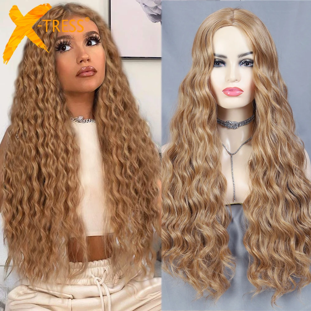 X-TRESS Strawberry Brown Synthetic Hair Wigs For Women Middle Part Long Curly Glueless Wig Cosplay Honey Blonde 26