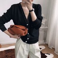yeeloca casual knitted sweater female full sleeve black and white v neck single breasted cardigan autumn women korean loose top