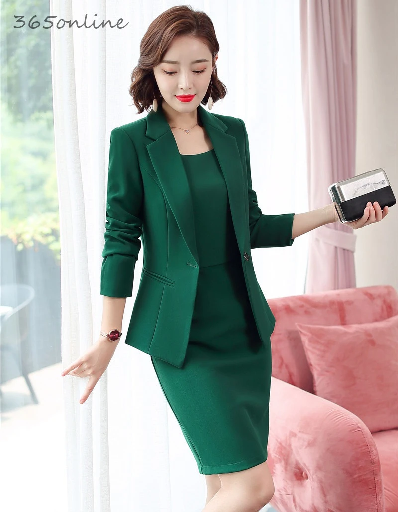 Ladies Office Work Wear Dress Suits with 2 Piece Set Dress and Jackets Coat Formall OL Styles Women Professional Blazers Set