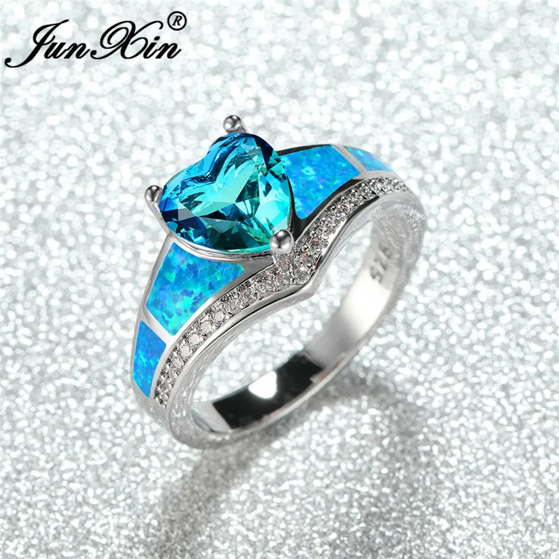 Женское кольцо с голубым огненным опалом обручальное розовым и зеленым цирконом