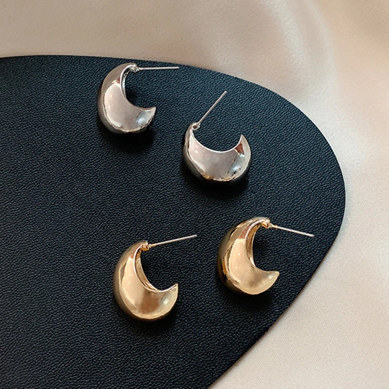 Корейские золотые серебряные геометрические круглые полуовальные серьги