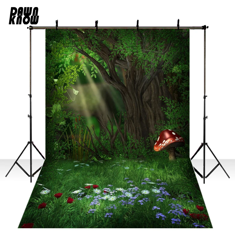 

DAWNKNOW Polyester Backdrop Alice in Wonderland Mushroom Forest Vinyl Photography Background For Children Studio Props F1629