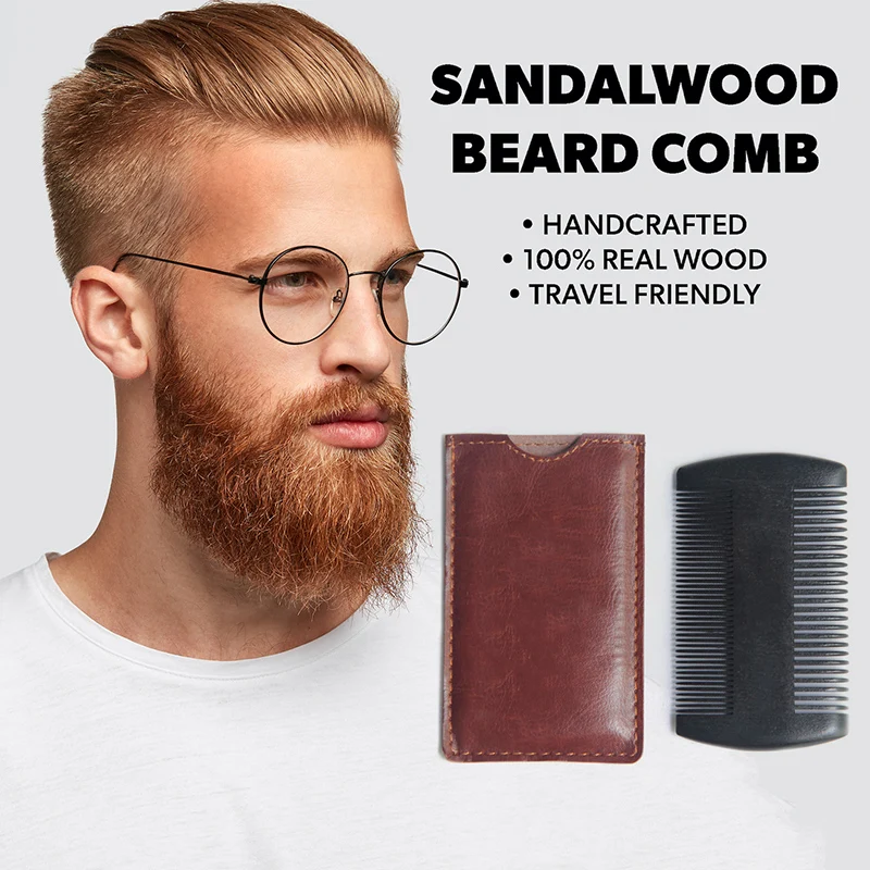 

1 Set Natural Sandalwood Handmade Comb Wooden Beard Comb With PU Leather Case Pocket Comb For Beards /Mustaches /Hair Men's Comb