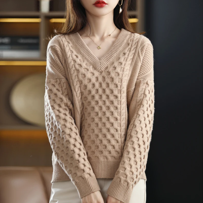 Heavy Thickening 100% Pure Wool Pullover Sweater Women's 21 Fall/Winter New Large Size Loose Casual All-Match V-Neck Knitted Top