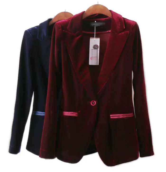 Высокое качество бархатный женский Блейзер черный синий элегантный женский Блейзер Костюмы размера плюс с длинным рукавом Тонкий офисный пиджак