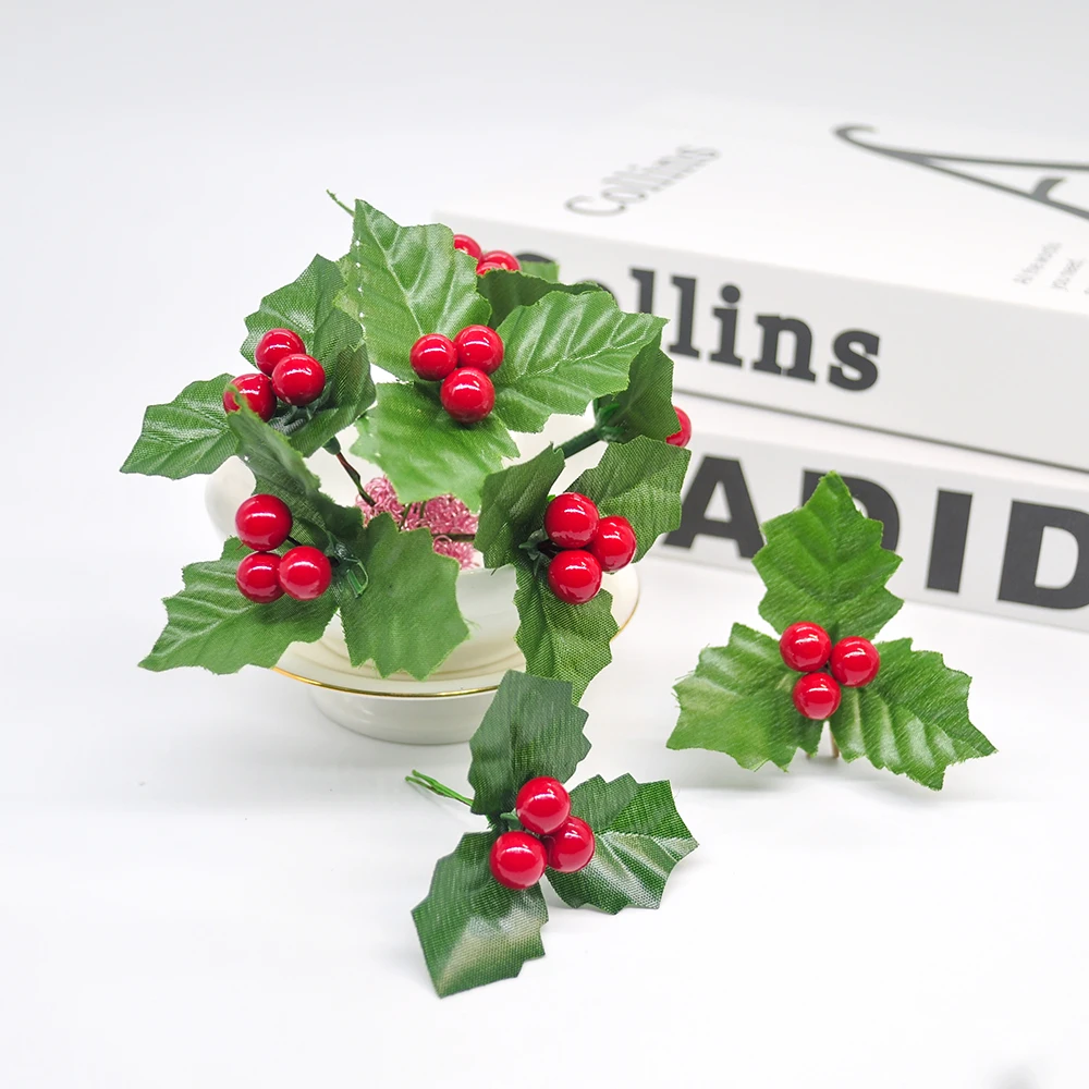 24 шт. рождественские листья и искусственные ягоды красные вишни растения для