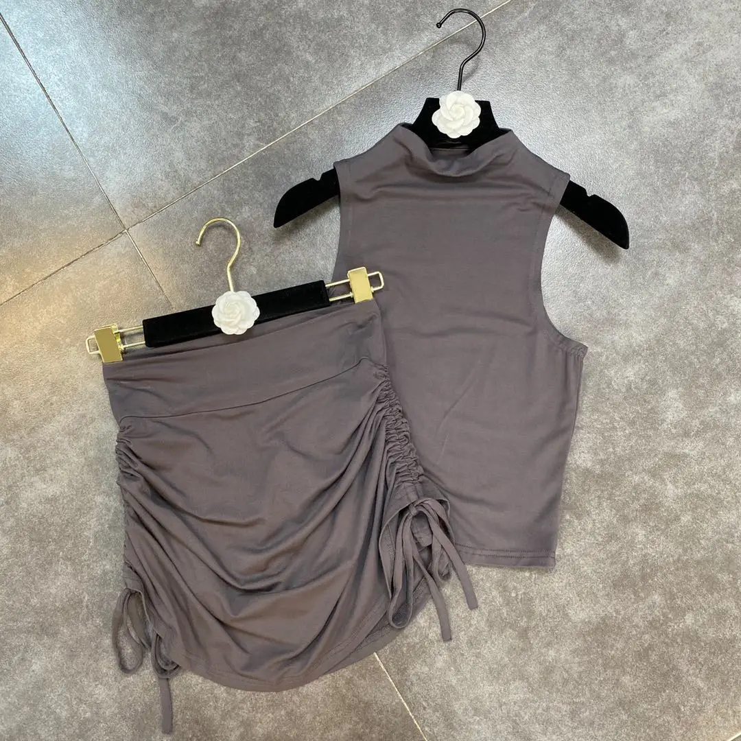 

2021 Summer New Half Turtleneck Sleeveless Vest Side Drawstring Sheath Culottes Ins European Two-Piece Suit