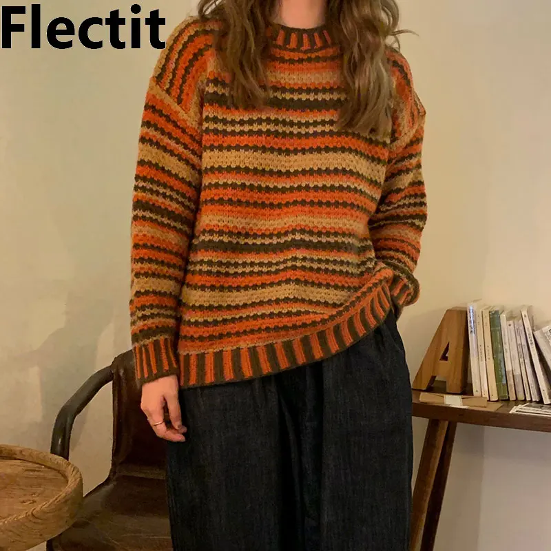 Женский свитер в полоску с длинным рукавом и круглым вырезом | Женская одежда