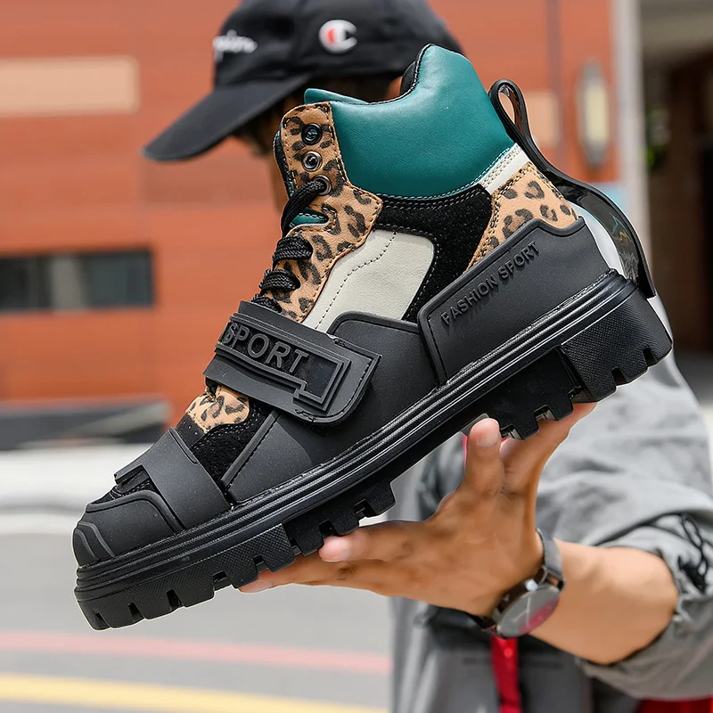 

Boots for Men Fashion Mixed Colors Casual Shoes Round Toe Leopard Maritin Boots Appliques Comfortable Leisure Walking Shoes