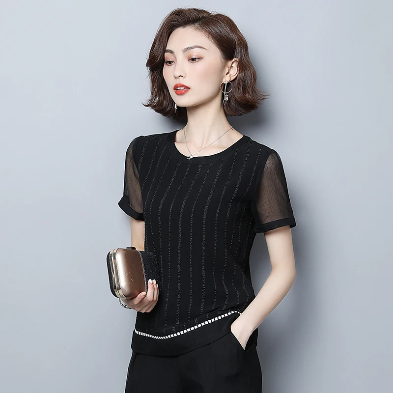

Blouse Women Summer 2021 New Office Lady Short Sleeve Chiffon Solid Mesh Thin O-Neck Black Blusas Womens Tops And Blouses