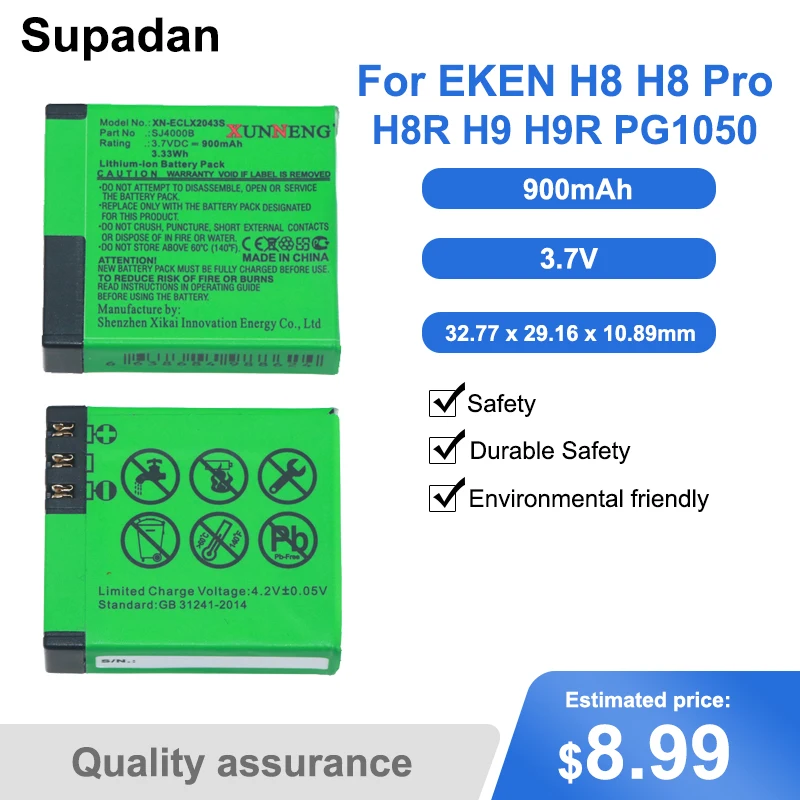 

Supadan 900mAh 3.33Wh 3.7V ​For EKEN H8 H8 Pro H8R H9 H9R PG1050 battery