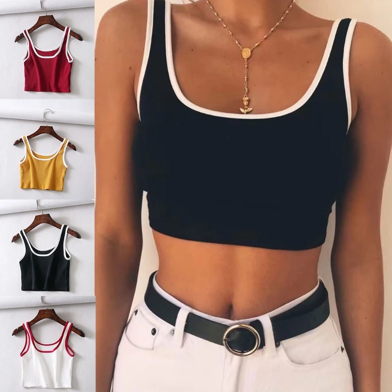 

Q1FA Women Summer Sleeveless Basic Crop Top Ribbed Knit Contrast Color Slim Vest Sexy Scoop Neck Backless Camis Shirt Blouse