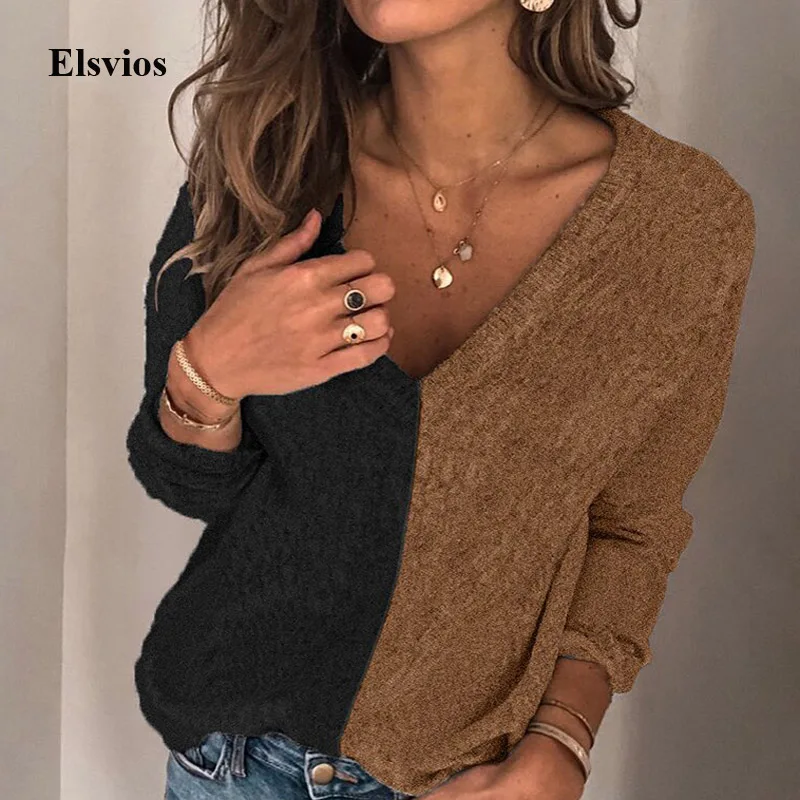 

Elegant V Neck Patchwork Knitted Sweater 2020 Fashion Autumn Winter Warm Thick Sweaters Casual Long Sleeve Pullover Tops Jumper