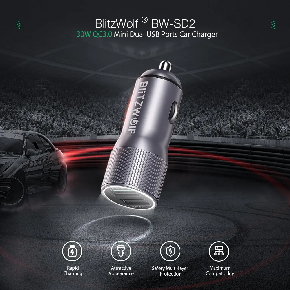 Зарядное устройство BlitzWolf Mini для автомобиля мобильный телефон 30 Вт QC3.0 2 4 А два