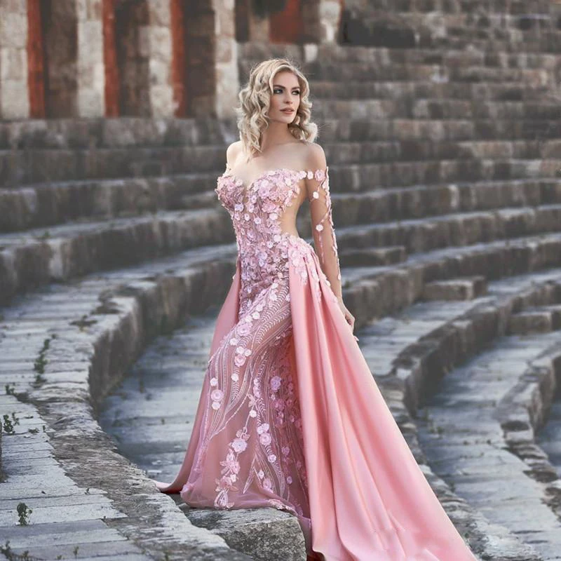 

Pink Side Split Mermaid Evening Dresses with Detachable Train 3D Floral Appliqued Beaded Special Occasion Dress Tulle Prom Gown