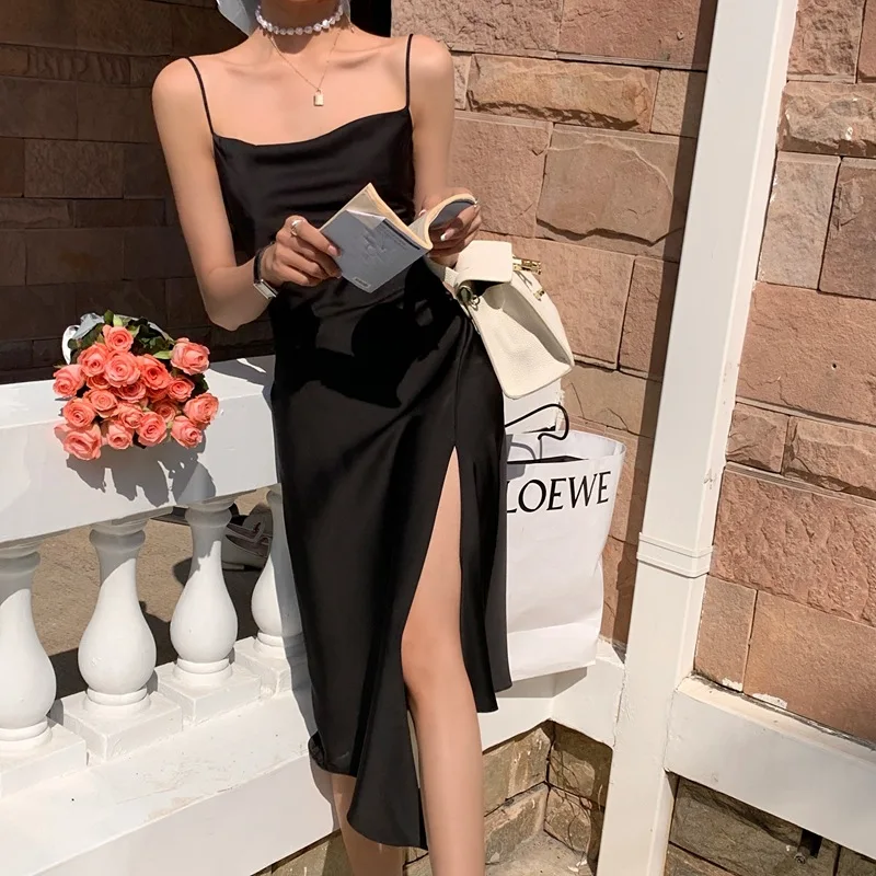 

Black dress 2021summer new textured silk irregular split slim French temperament backless suspender dress bandage dresses gothic