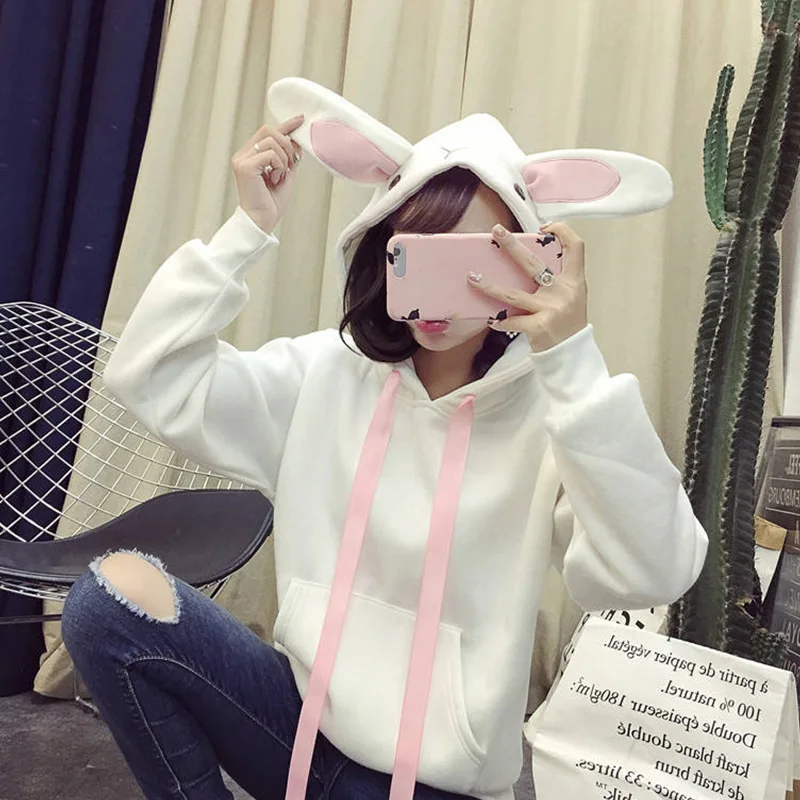 Женские осенние толстовки с капюшоном кроличьими ушками карманами длинными