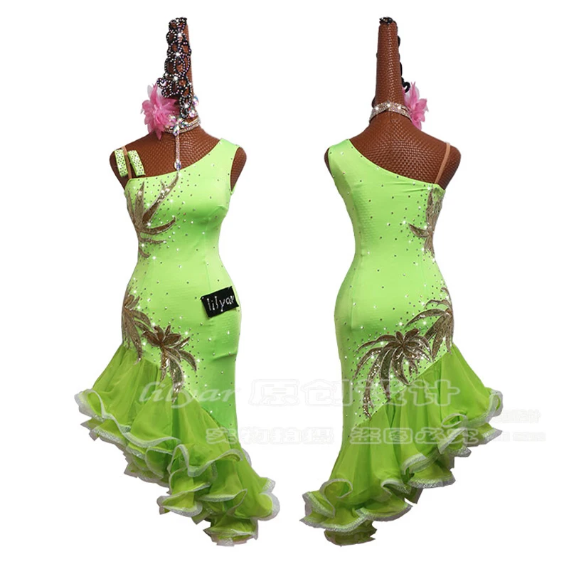 Latin Dance Dress Latin Skirt Competition Dress Costumes Performing Dresses Sparkly Rhinestones Customize Fluorescent Green Slim