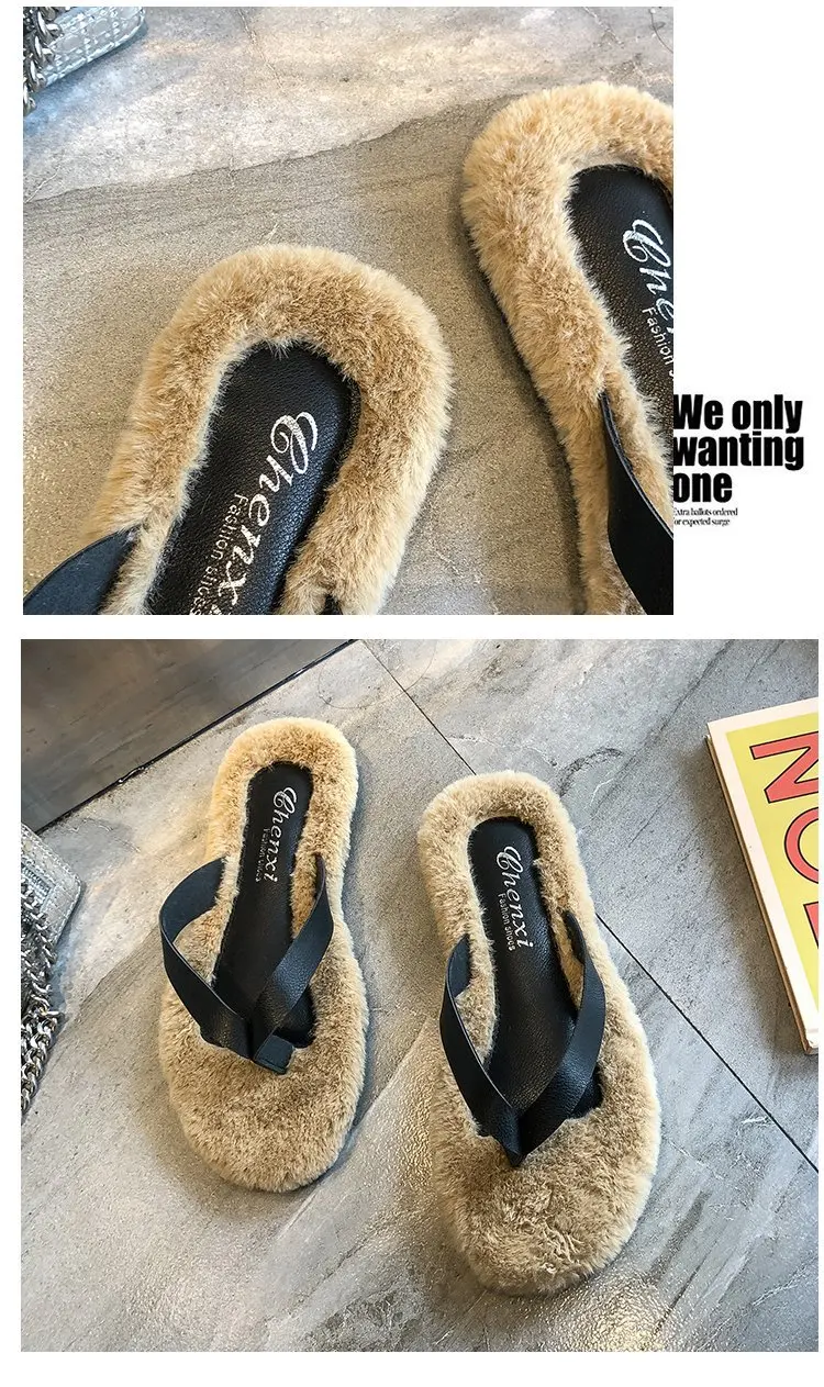 Classics Winter Women Fur Flip Flops Outside Flat Open Toe Women Shoes Solid Casual Faux Fur Slippers