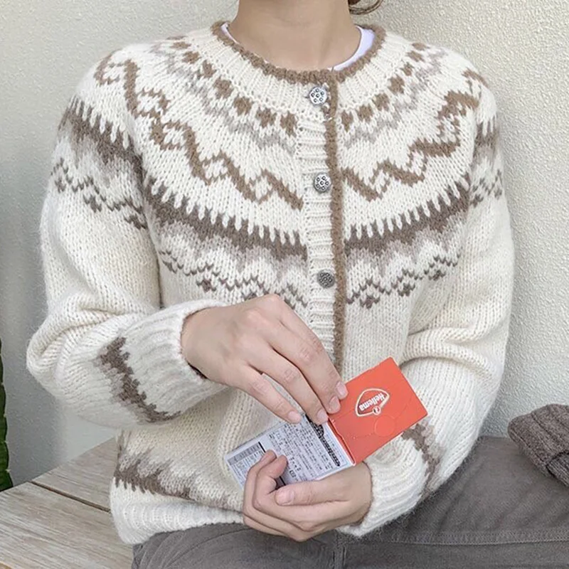 

Korean chic cardigan sweater neck chic single breasted jacquard design loose skin friendly long sleeve knitted women's