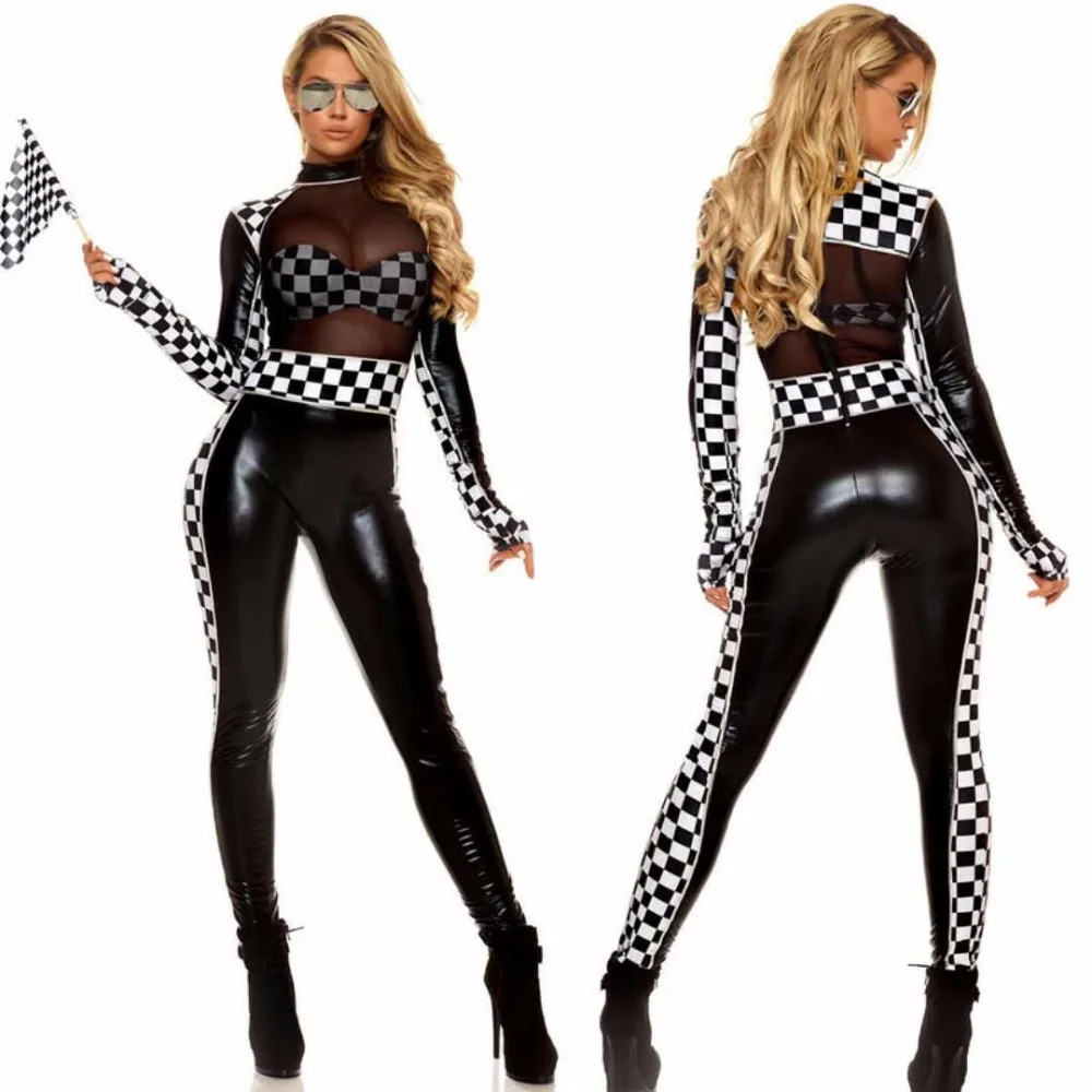 Sexy Faux Leather Black White Plaid Race Car Driver Jumpsuit Costume Lace Perspective Racer Racing Girl Cheerleader Uniform ds