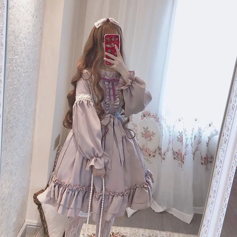 

Flouncing Lace Trim Japanese Harajuku Long Sleeves Doll Teen Dress Fairy Vestidos In Wondeland Cute Women Lolita OP Dress