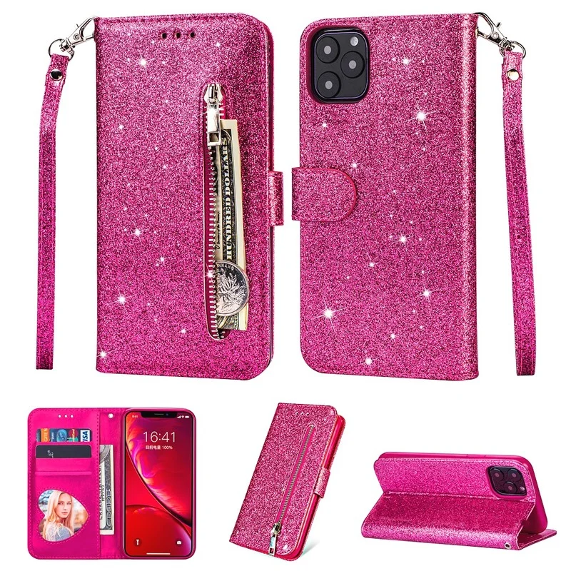 

Bling Glitter Wallet Cases For iPhone 12 Pro Max 11 X XR XS Max 8 7 6S 6 Plus 5 5S SE 2020 Zipper Leather Flip Stand Phone Cover