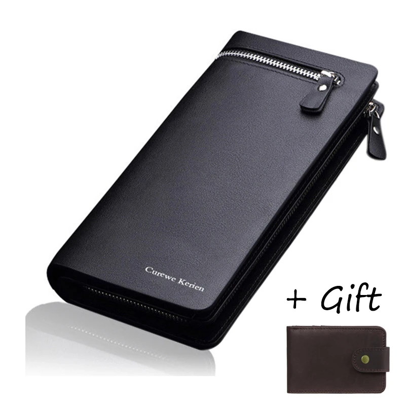 black with gift Новинка, двойной мужской кошелек, известный бренд, мужской кожаный Длинный кошелек, клатч, мужской кошелек для денег, ID держатель для карт, Carteira Masculina - Цвет: black with gift