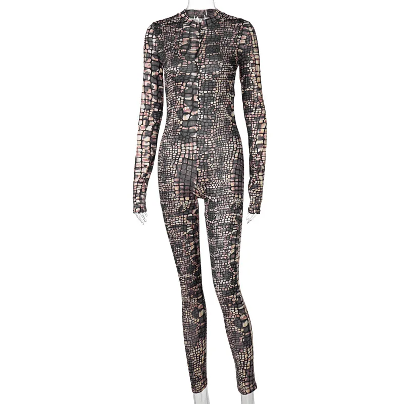

2021 Long Sleeve Zip Up Vintage Print Bodycon Bodysuit Autumn Winter Women Fashion Sexy Streetwear Casual Outfits Rompe