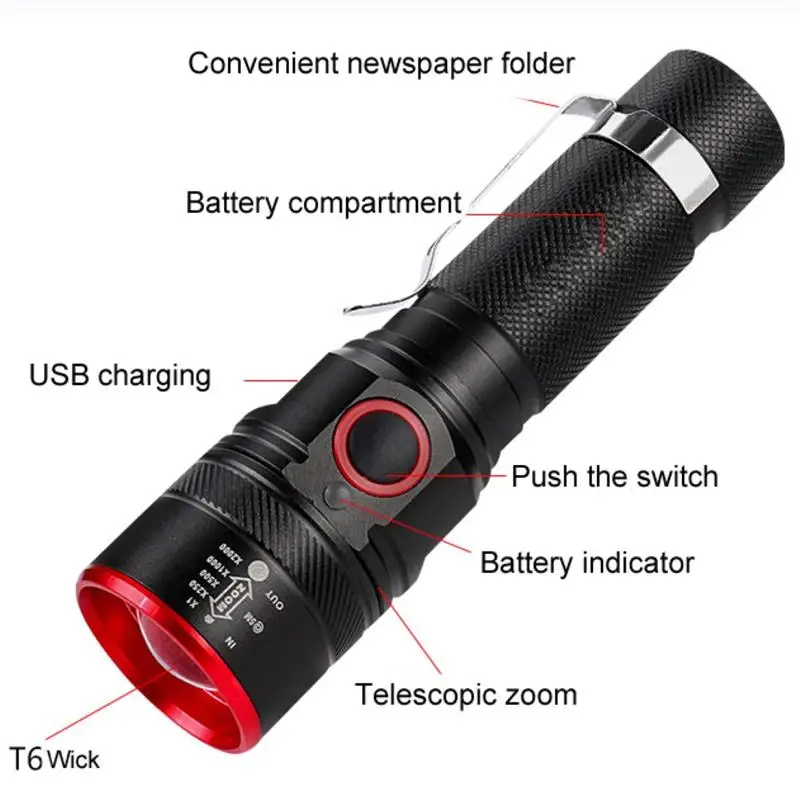 

3 Modes LED Flashlight T6 COB Light Waterproof USB Portable Rechargeable Zoom Emergency Torch For Camping Hiking Outdoor
