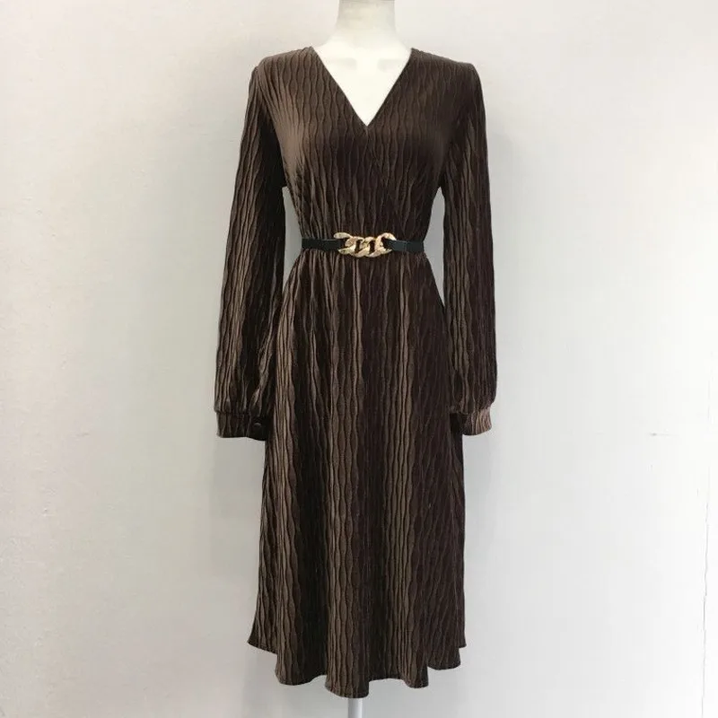

Mozision V Neck Water Ripple With Belt Dress For Women V Neck Full Sleeve High Waist Dresses Ladies Vintage Elegant Vestidos