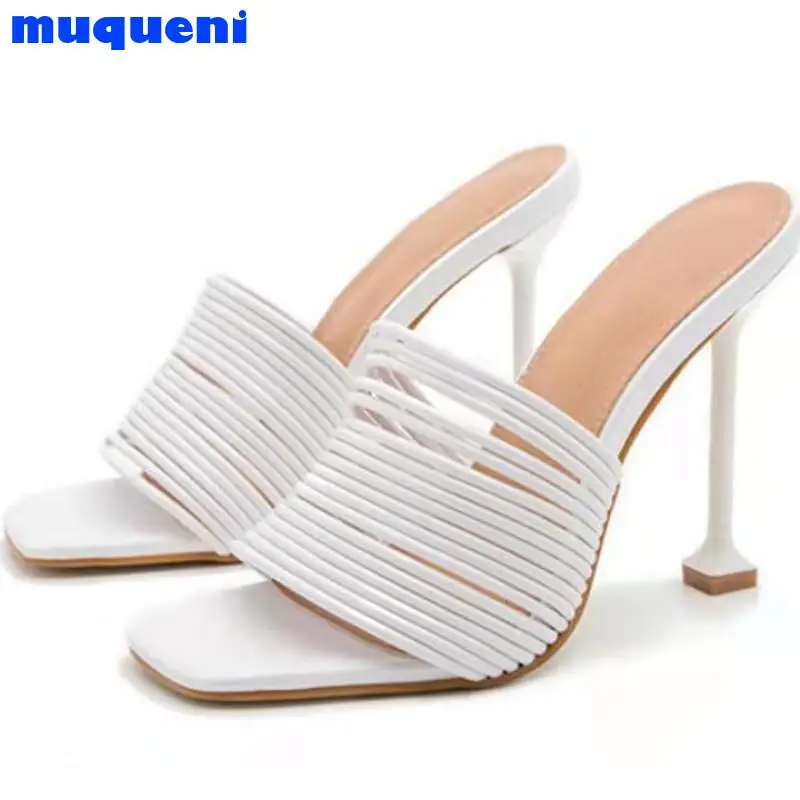 

MUQUENI Square toe Womens Slipper shoes Summer Mules Sandals Multi knot Sexy high heel Slides Ladies Rome shoes Women Slippers
