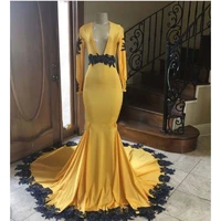 pretty elegant prom dress 2021 aso ebi mermaid v neck long sleeves appliques satin plus size women formal evening party gowns