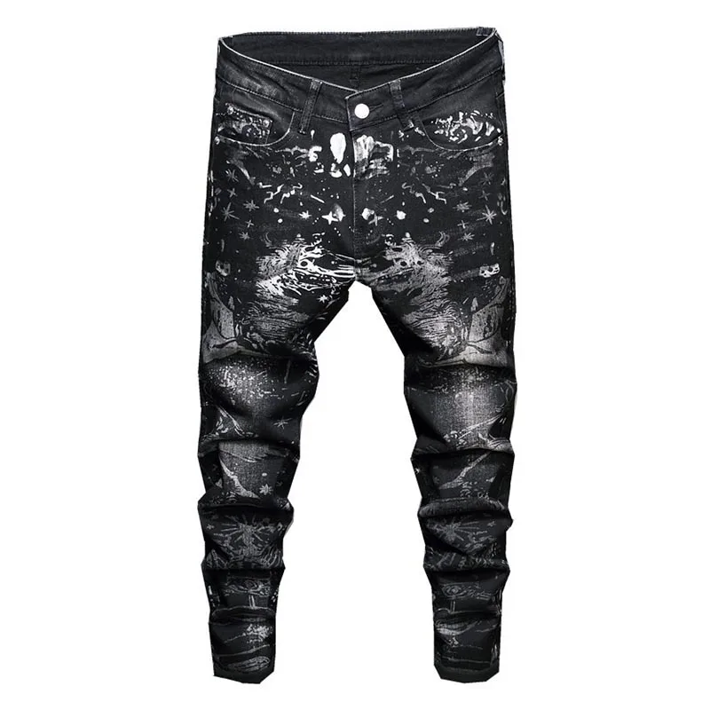 

KIOVNO Fashion Men Black Slim Jeans Pants Printed Casual Denim Trousers For Male Size 29-38 Hip Hop